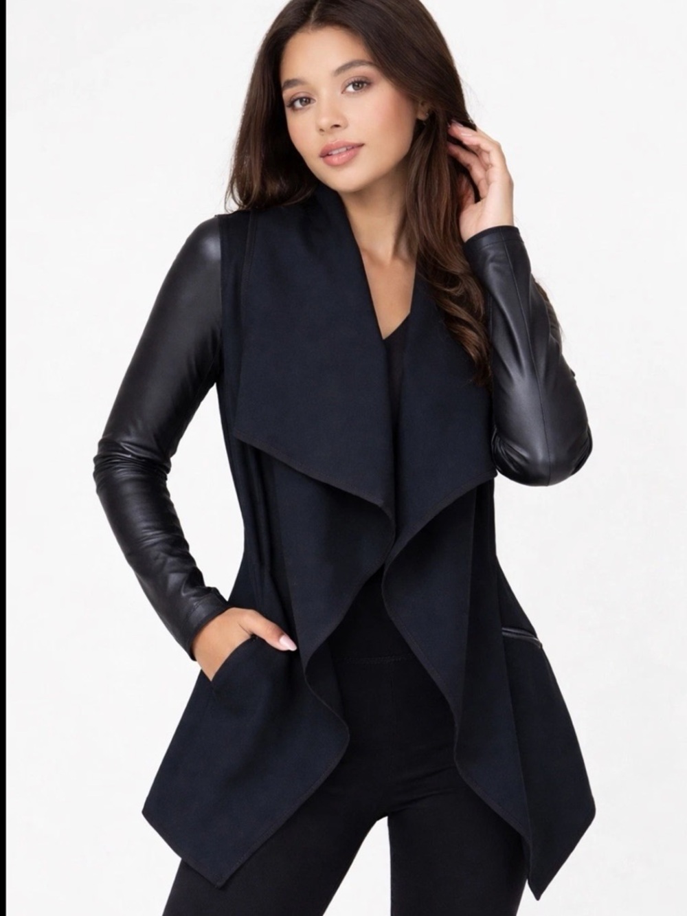 SPANX Drape Front Faux Leather Sleeve Jacket Size Small Black Ponte Knit